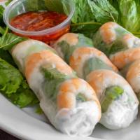 Spring Rolls · 3 Spring rolls come with salad, shrimp, pork, mints leaves, and rice papers.