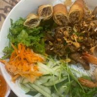 Rice Vermicelli with Grill Pork, Eggrolls, and Jumbo Prawns · 
