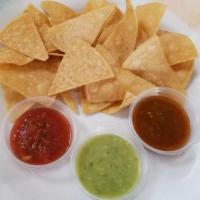 Chips and Salsa · A bag with tortilla chips and salsa options.