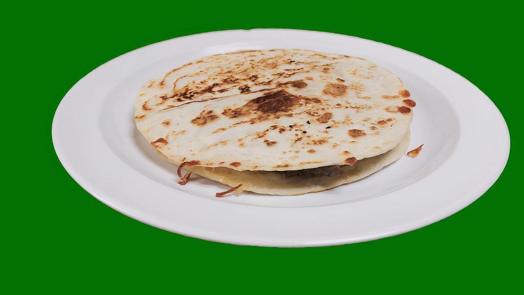 Quesadilla Sincronizada · Two flour tortillas with melted cheese, choice of meat and jalapeno peppers.