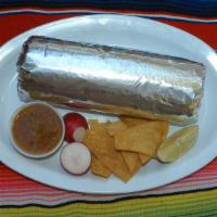 Super Burrito · Includes rice, whole pinto beans, choice of meat. Topped with lettuce, cheese, sour cream, a...