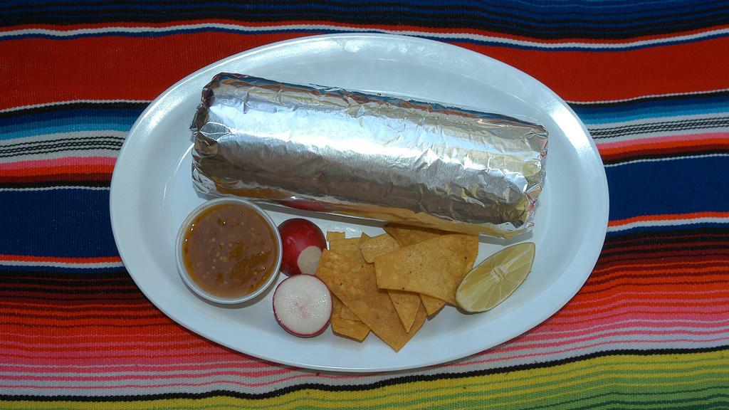 Regular Burrito · Includes, rice, whole pinto beans, choice of meat and pico de gallo salsa