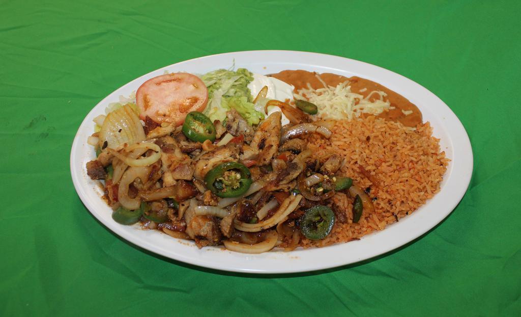 Ranchero Chicken Plate · Grilled chicken sautéed with onions, fresh jalapeño peepers and tomato. Served with rice, refried beans, cheese, lettuce guacamole, sour cream and tortillas.