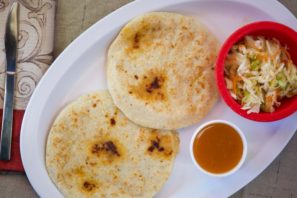 2 Pupusa Plate · Two pupusas served with rice, refried beans topped with cheese, slaw and mild salsa