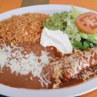 One Item Combo · Includes rice, refried beans, lettuce, guacamole, sour cream and cheese.