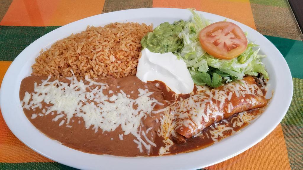 One Item Combo · Includes rice, refried beans, lettuce, guacamole, sour cream and cheese.