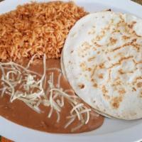 Kids Quesadilla Plate · Cheese quesadilla with rice and re-fried beans.