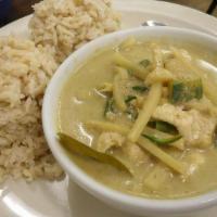 Green Curry · Medium, hot. Sliced choice of your meat simmered in spicy green curry, coconut milk and vege...