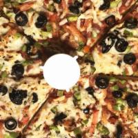 Medium Jain Pizza · Pizza sauce with black olives, green peppers, tomatoes, pineapple, and jalapeños with
 mozza...