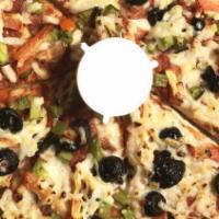 Small Jain Pizza · Pizza sauce with black olives,  green peppers, tomatoes, pineapple, and jalapeños with
 mozz...