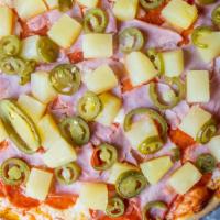 Spicy Hawaiian · Ham, pineapple, pepperoni, jalapenos. If you would like additional toppings, you can add it!