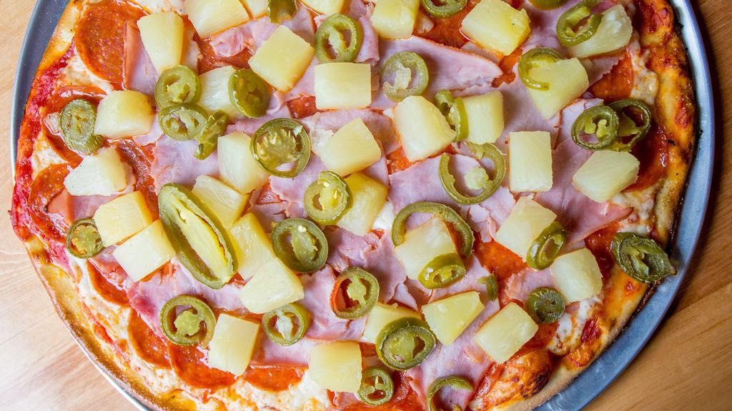 Spicy Hawaiian · Ham, pineapple, pepperoni, jalapenos. If you would like additional toppings, you can add it!