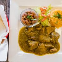 ​Chile Verde · Diced pork shimmered in green chile sauce , serve with rice and beans and your choice of tor...