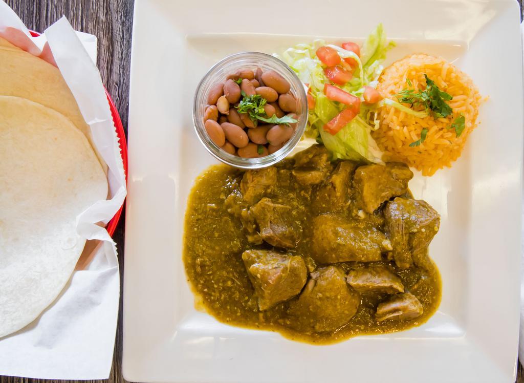 ​Chile Verde · Diced pork shimmered in green chile sauce , serve with rice and beans and your choice of tortilla