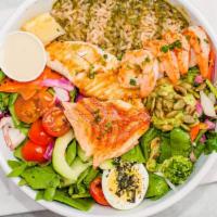 Power Bowl · Mixed-grill seafood, brown rice, sautéed veggies, simple salad, boiled egg, guacamole and pu...