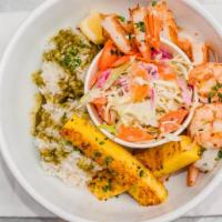 Hawaiian Bowl · Garlic shrimp, grilled pineapple, rice with herb sauce and creamy slaw.