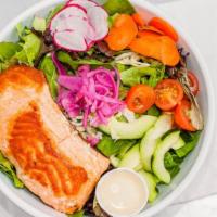 Simply Grilled Fish Salad · Grilled cobia, cucumber, tomato, greens, cherry tomatoes, carrots, pickled onions, radish, h...