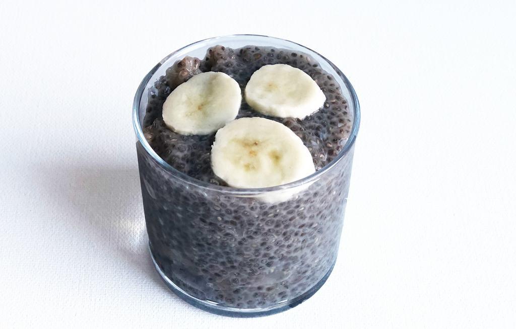 Banana Chia Pudding · Chia seeds soaked overnight in dairy-free milk and sweetened with raw cane sugar. (Gluten-free, vegan)