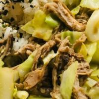 Kalua Pig and Cabbage Bowl · Slow Roasted, smoked kalua pig & saute cabbage. Served over 2 scoops of white rice.