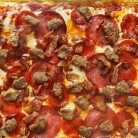 All Meat Pizza · Italian Sausage, Salami, Pepperoni, thick-cut bacon, Cheddar cheese, shredded whole milk Moz...