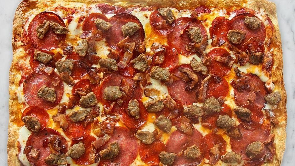 All Meat Pizza · Italian Sausage, Salami, Pepperoni, thick-cut bacon, Cheddar cheese, shredded whole milk Mozzarella, with sweet and savory pizza sauce.