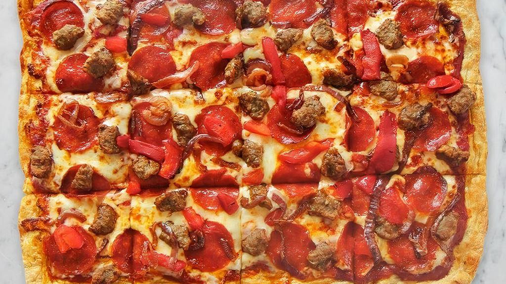 Sausage & Pepperoni · Italian Sausage, Pepperoni, roasted red pepper, caramelized onions, shredded whole milk Mozzarella, with sweet and savory pizza sauce