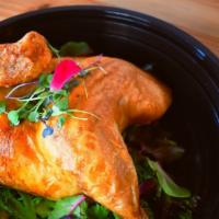 Organic Roasted Chicken (1/2) · 1/2 Organic Roasted Chicken served with a Choice of One Sauce and One Side Dish