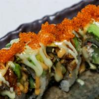 SA2. Mad Dragon · Tempura shrimps, crab meat, cucumber inside on topped with BBQ eel, avocado and tobiko, spic...