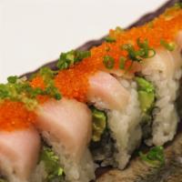 SA26. Double Hamachi · Hamachi sashimi inside with avocado and hamachi on top, tobiko.