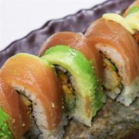 SA17. Albacore Special · Tempura shrimps, spicy tuna, cucumber on topped with albacore sashimi, avocado and ponzu sau...