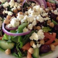 3. Moroccan Salad · Mixed greens, tomato, red onion, cucumber, feta cheese, olives, garbanzo beans, house vinaig...