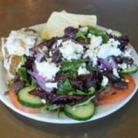 4. Mediteranean Plate · Hummus, falafel, mixed greens, tomato, red onion, cucumbers, olives and feta cheese, served ...