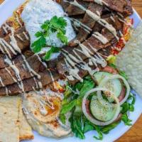 Gyro Platter · Gyro Meat, Salad, Rice, Tzatziki, Hummus, Pita Bread