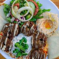 Falafel Platter · Falafel, Salad, Rice, Tzatziki, Hummus, Pita Bread