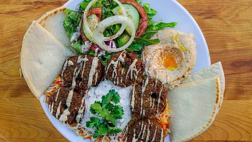 Falafel Platter · Falafel, Salad, Rice, Tzatziki, Hummus, Pita Bread