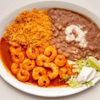 Camarones Ala Diabla · Spicy shrimp. served with rice, beans, sour cream and 3 corn tortillas