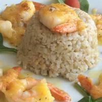 Mango Glazed Shrimp · Wild caught shrimp glazed in mango sauce, served with brown rice.