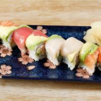 Rainbow Roll · California roll topped with salmon, tuna, hamachi, and avocado.
