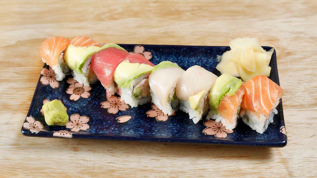 Rainbow Roll · California roll topped with salmon, tuna, hamachi, and avocado.