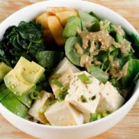 Miso Zuke Tofu · Miso marinated silken tofu, watercress salad + sesame miso dressing, avocado, spinach + pick...