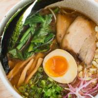 Miso Pork Ramen · Chashu pork belly, bean sprouts, spinach, green onion, red chili threads and half egg. Rich ...
