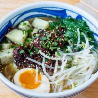 Oxtail Ramen · Miso braised oxtail, bean sprouts, spinach, garlic chives, sweet potato, sesame and half egg...
