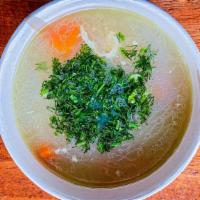 Chicken Couscous Soup · *Dairy free - House-made chicken bone broth, couscous, carrot, celery, lemon, and fresh dill...