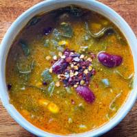 Collard Soup · *Vegan *Gluten-Free *Dairy-Free - Corn flour, red beans, and corn with Acme bread