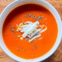 Tomato and Roasted Red Bell Pepper Soup · *Gluten Free *Vegan option available - Tomato and roasted red bell pepper with shredded mozz...