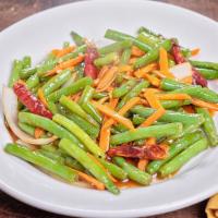 Szechuan Green Bean · Sauteed green beans with onion, carrot, garlic Szechuan spicy sauce. Vegan. Medium spicy.