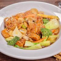 Prawns with Fresh Vegetables · Prawns with zucchini, celery, water chestnut, broccoli, mushroom, carrot