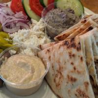 Hummus Plate · Traditional & Black Bean Hummus, Feta, Olive, Red Onion, Cucumber, Tomato, Pepperoncini, Pit...