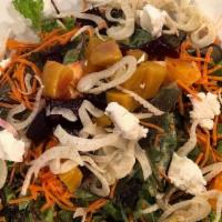 Beet Salad · Organic mixed greens, beets, shaved fennel, shredded carrots, orange, Chenel goat cheese, ca...