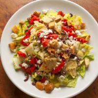 Mediterranean Salad · Romaine hearts, wood-fired croutons, artichokes, roasted red peppers, Kalamata olives, feta ...